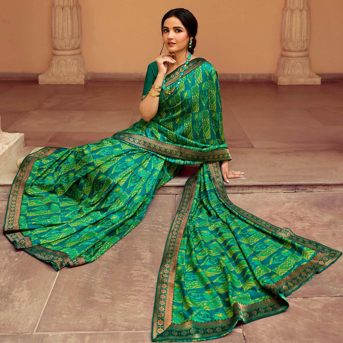 Parrot Green Printed Art Silk Saree