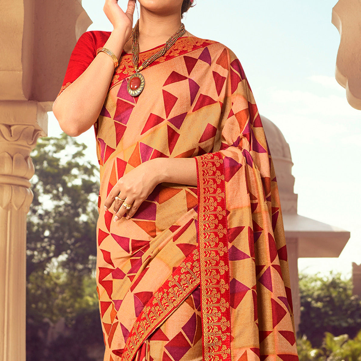 Peach Printed Art Silk Saree