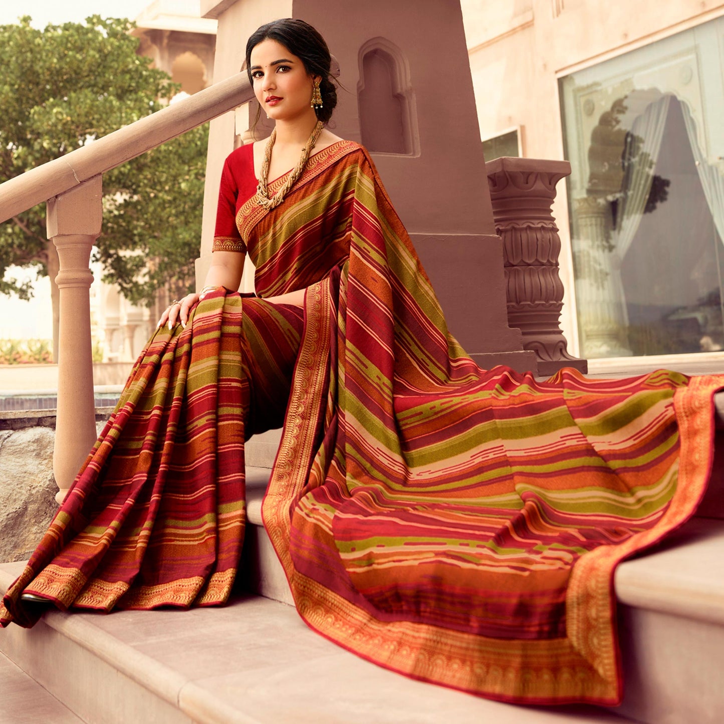 Red Printed Art Silk Saree