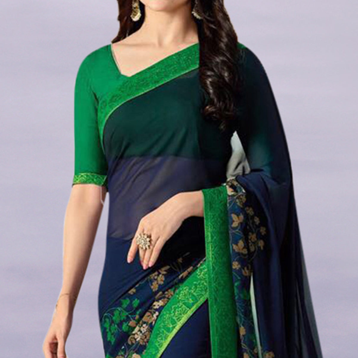 Navy Blue & Green Floral Printed Georgette Saree