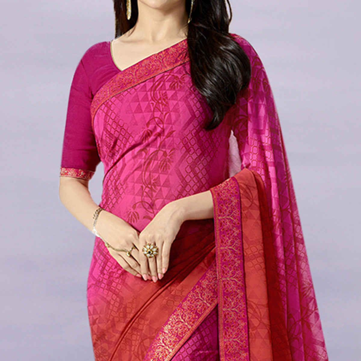 Pink & Red Printed Georgette Saree