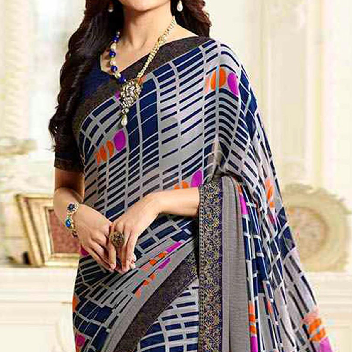 Grey & Blue Printed Georgette Saree With Lace Border