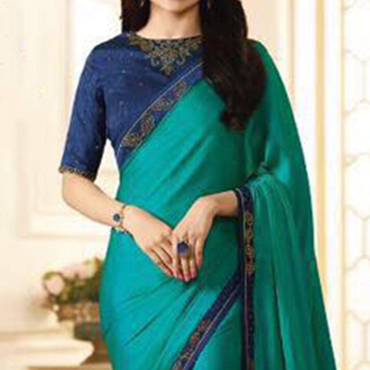 Aqua Green Swarovski Work Art Silk Saree