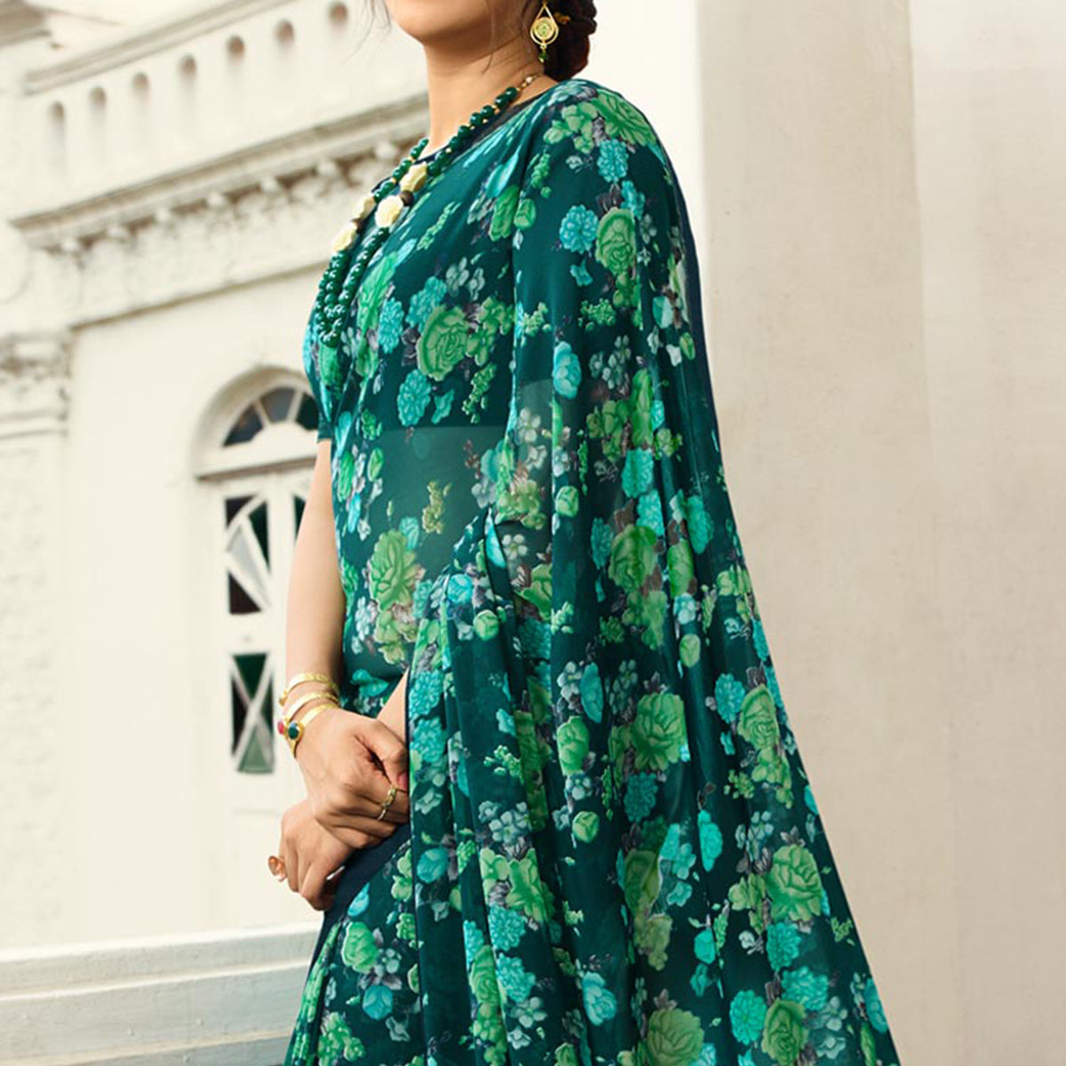 Green Floral Printed Georgette Saree