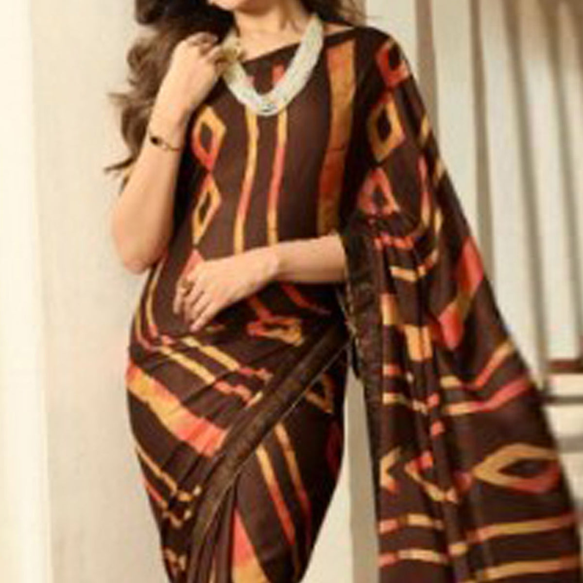 Brown Printed Art Silk Saree With Lace Border