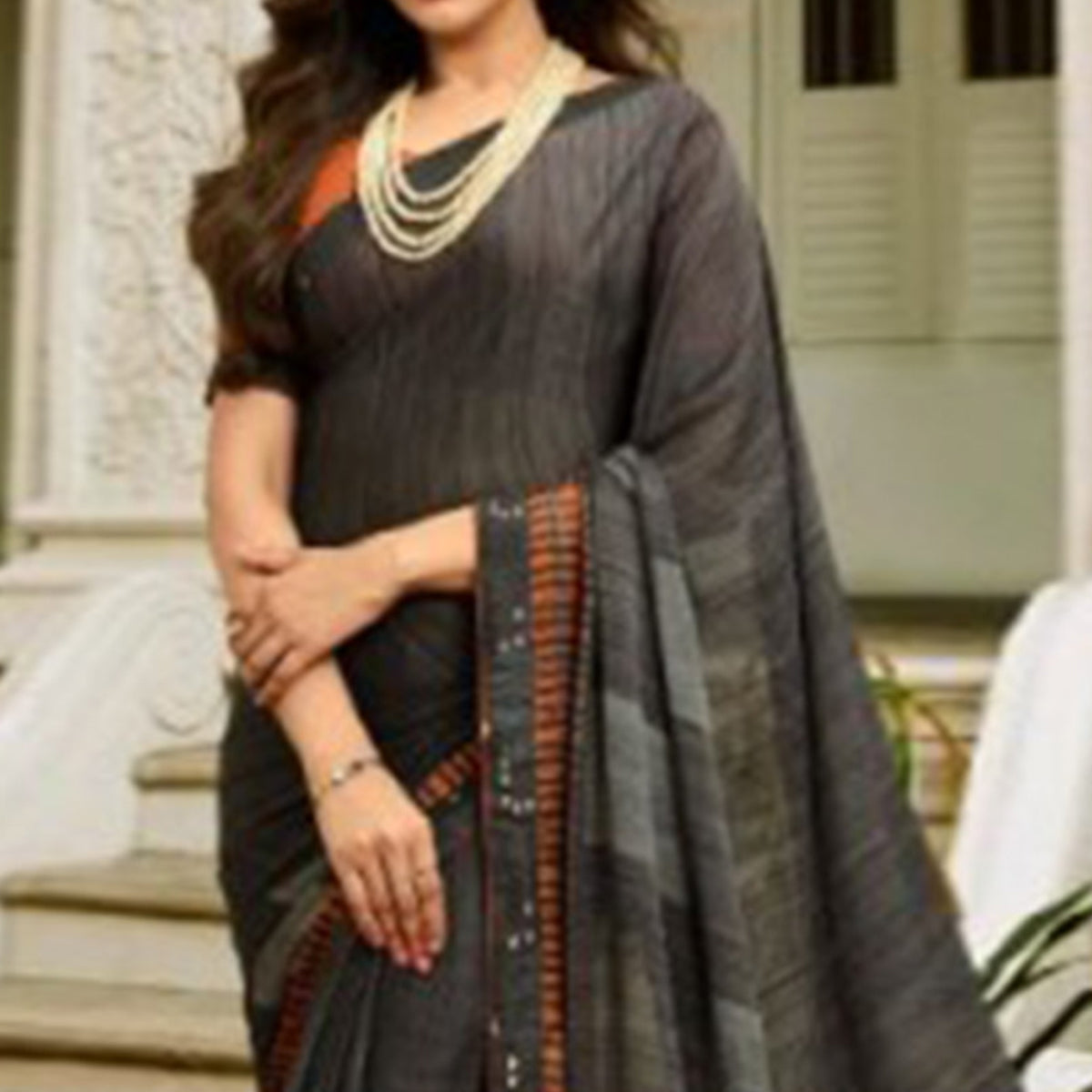 Grey Printed Art Silk Saree With Lace Border