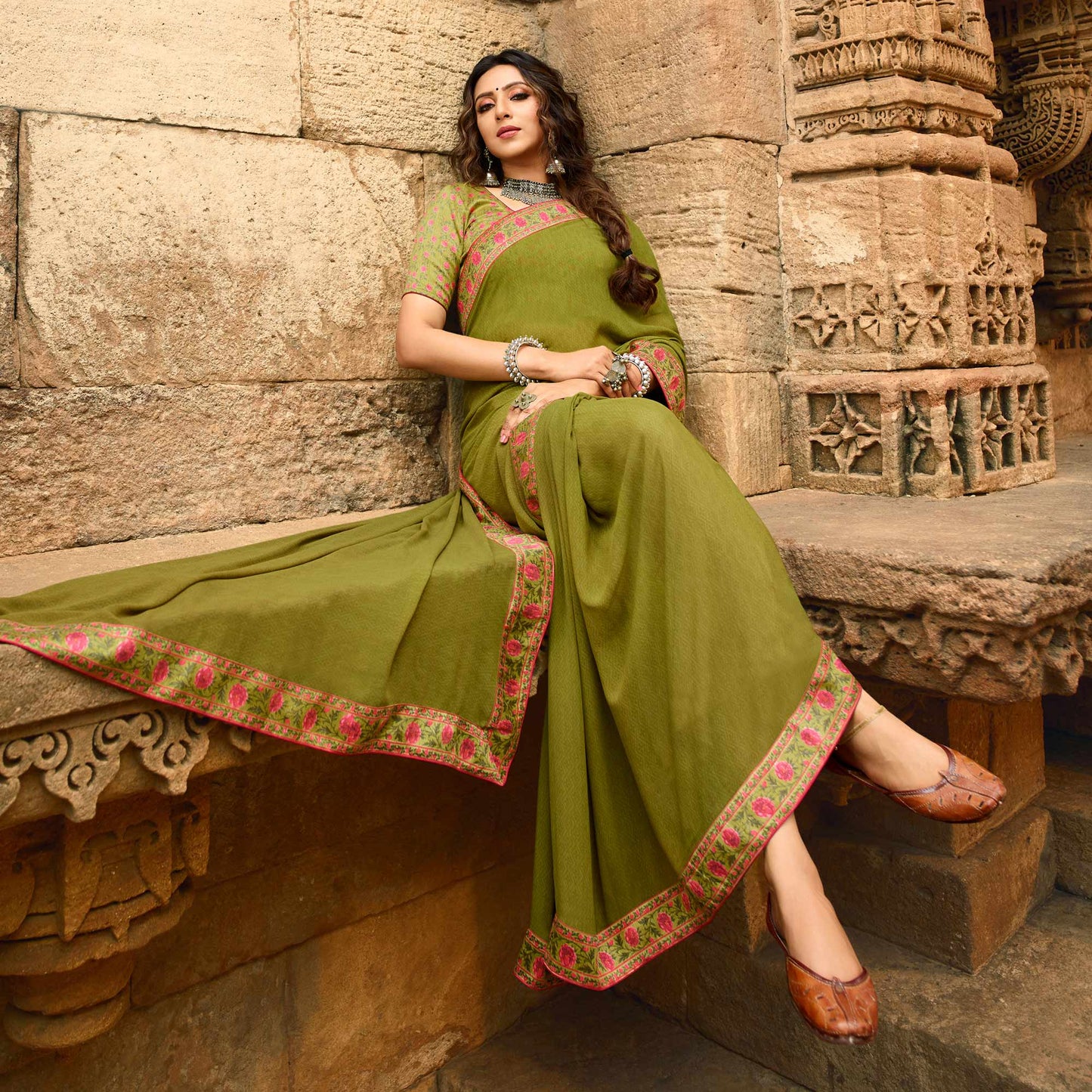 Olive Green Printed Georgette Saree With Lace Border