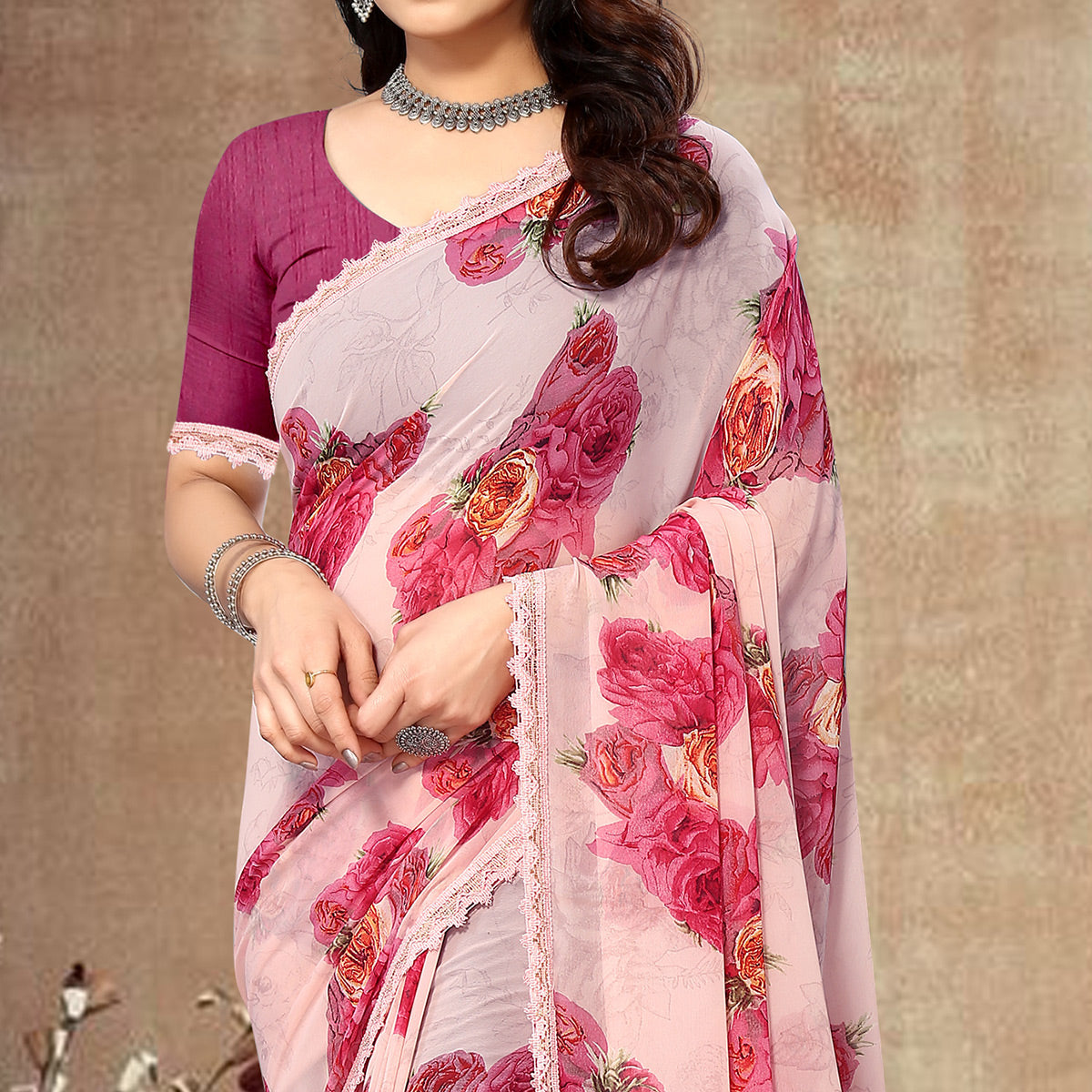 Light Peach Floral Printed Georgette Saree With Lace Border