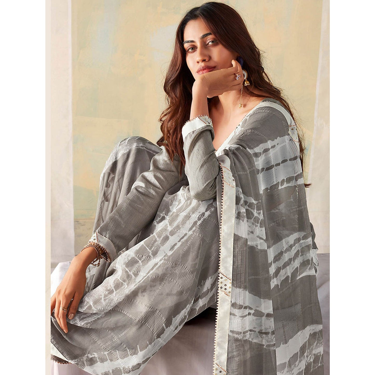 Grey Woven With Shibori Printed Georgette Saree