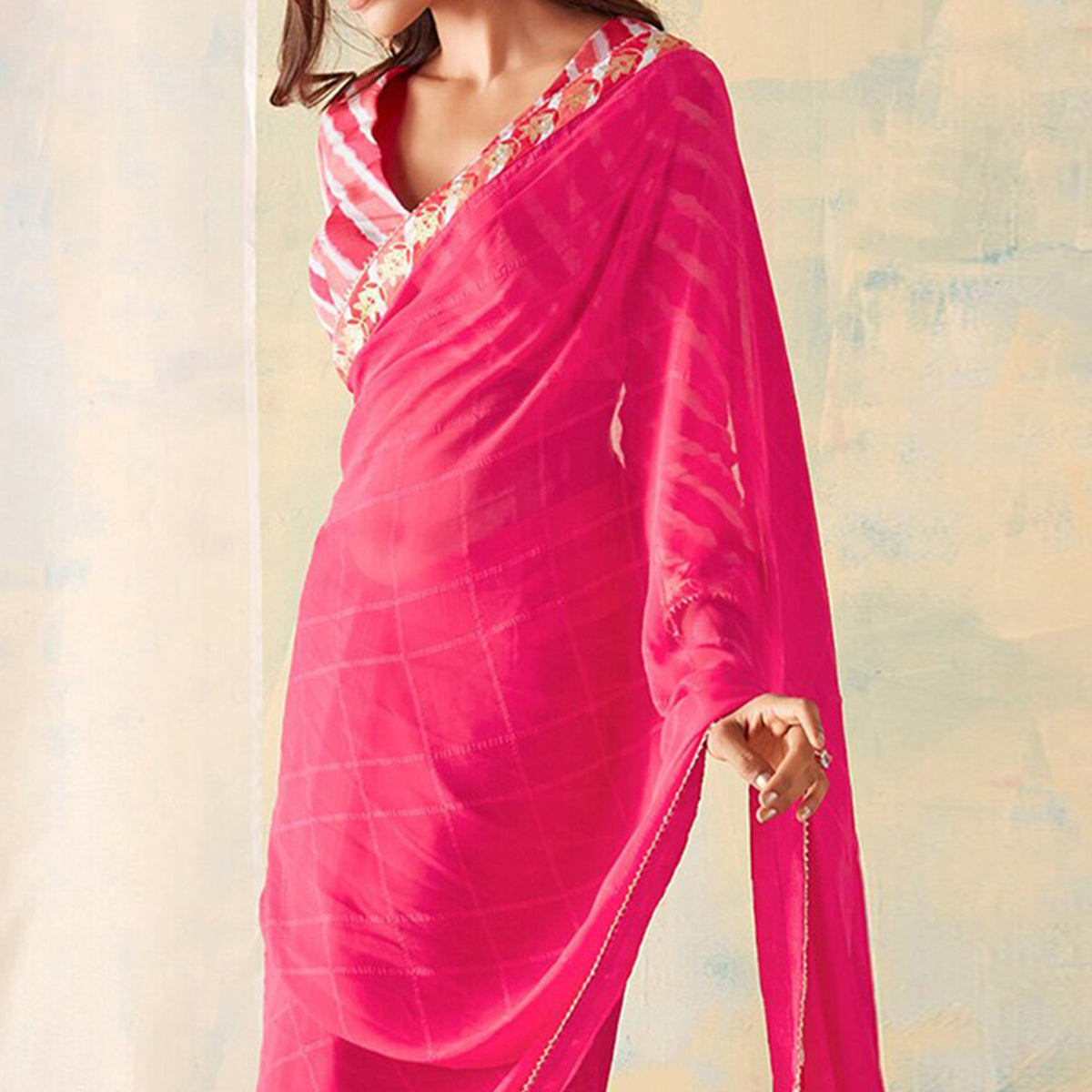 Pink Woven With Gota Patti Border Georgette Saree With Tassels