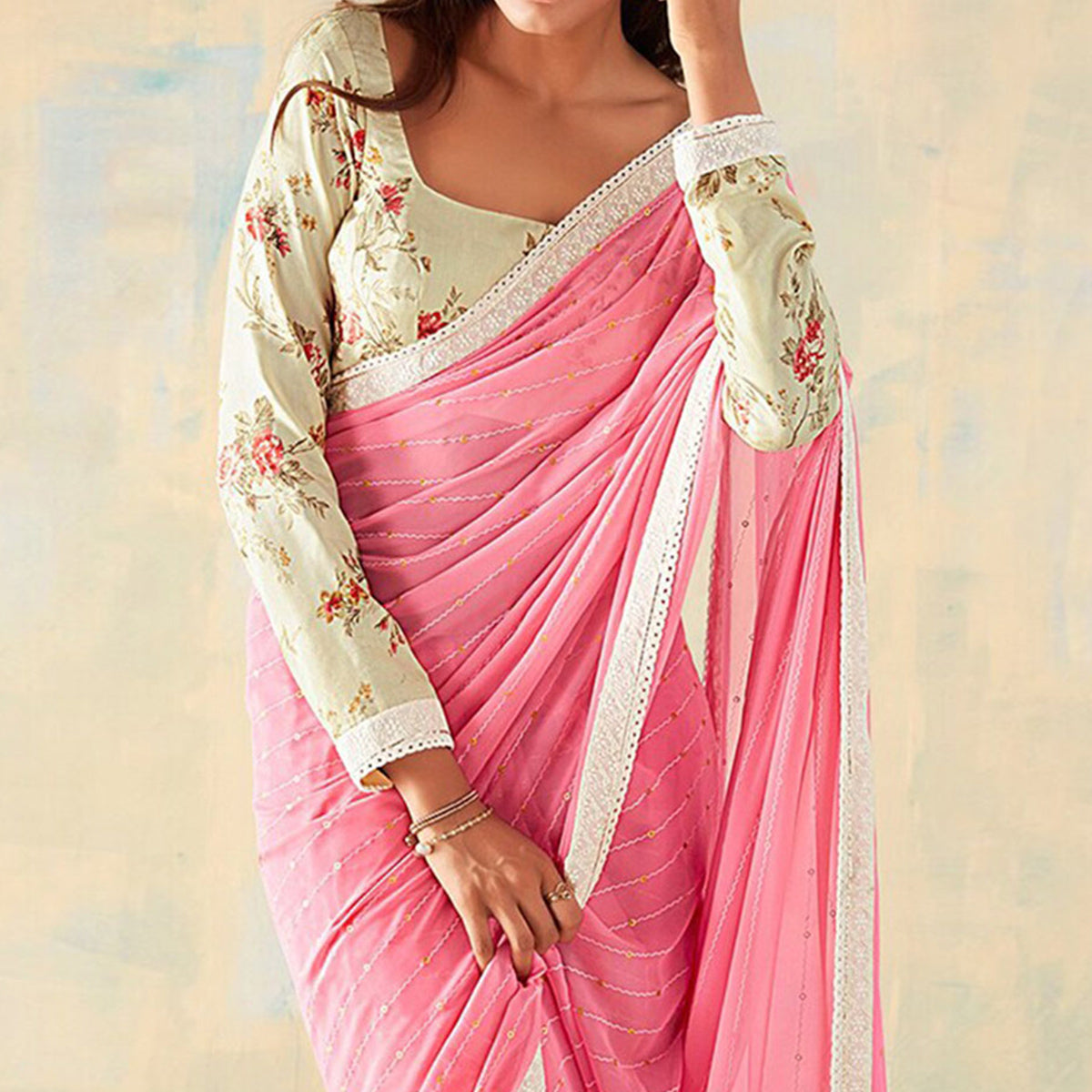 Light Pink Foil Printed Georgette Saree With Embroidered Border