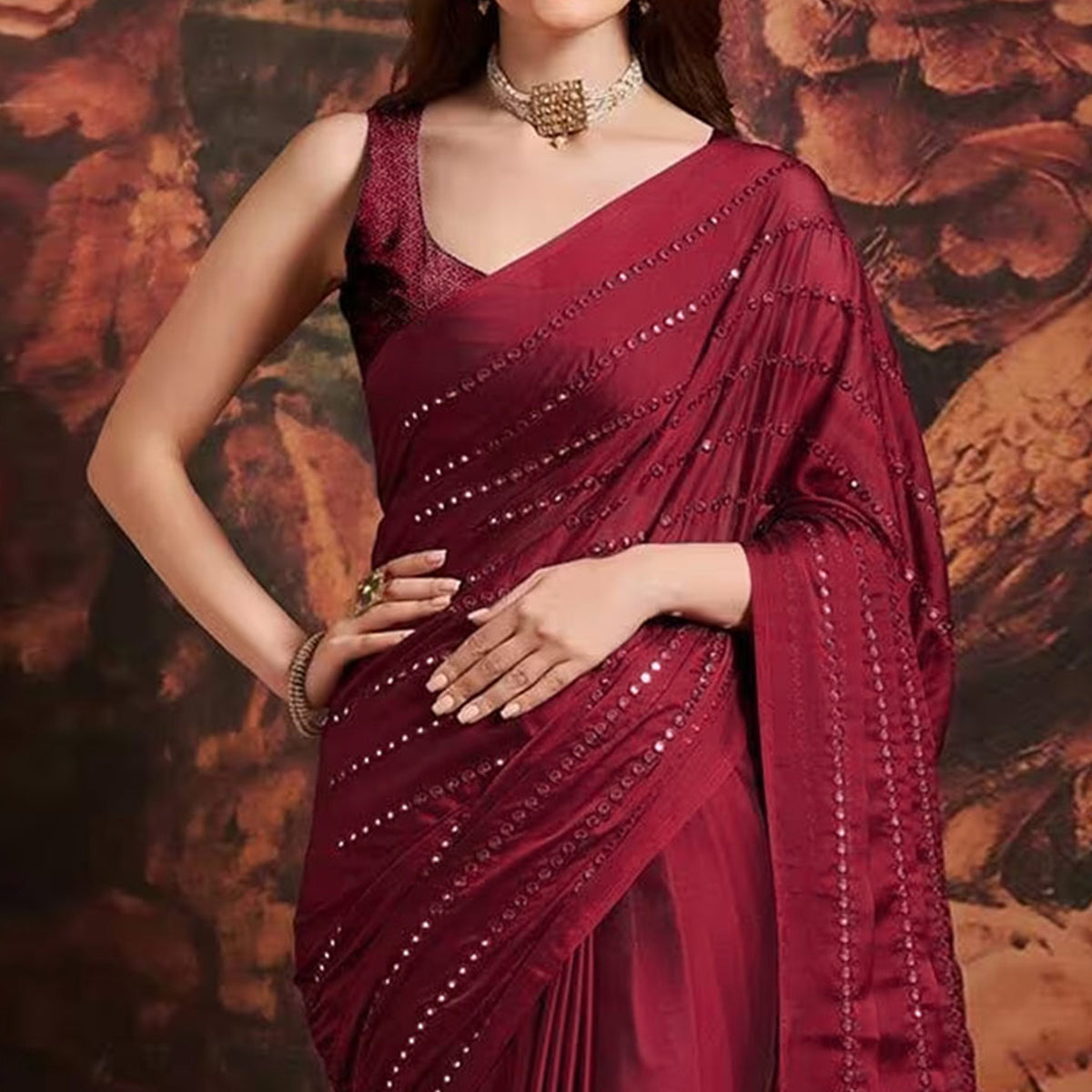 Maroon Embroidered Art Silk Saree