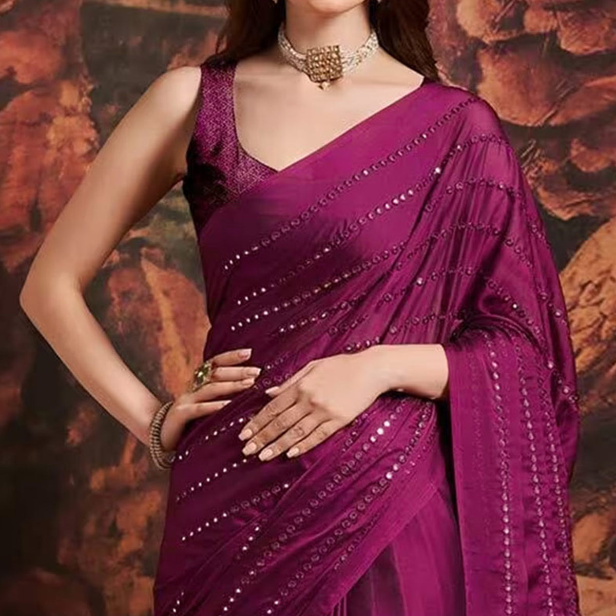 Wine Embroidered Art Silk Saree