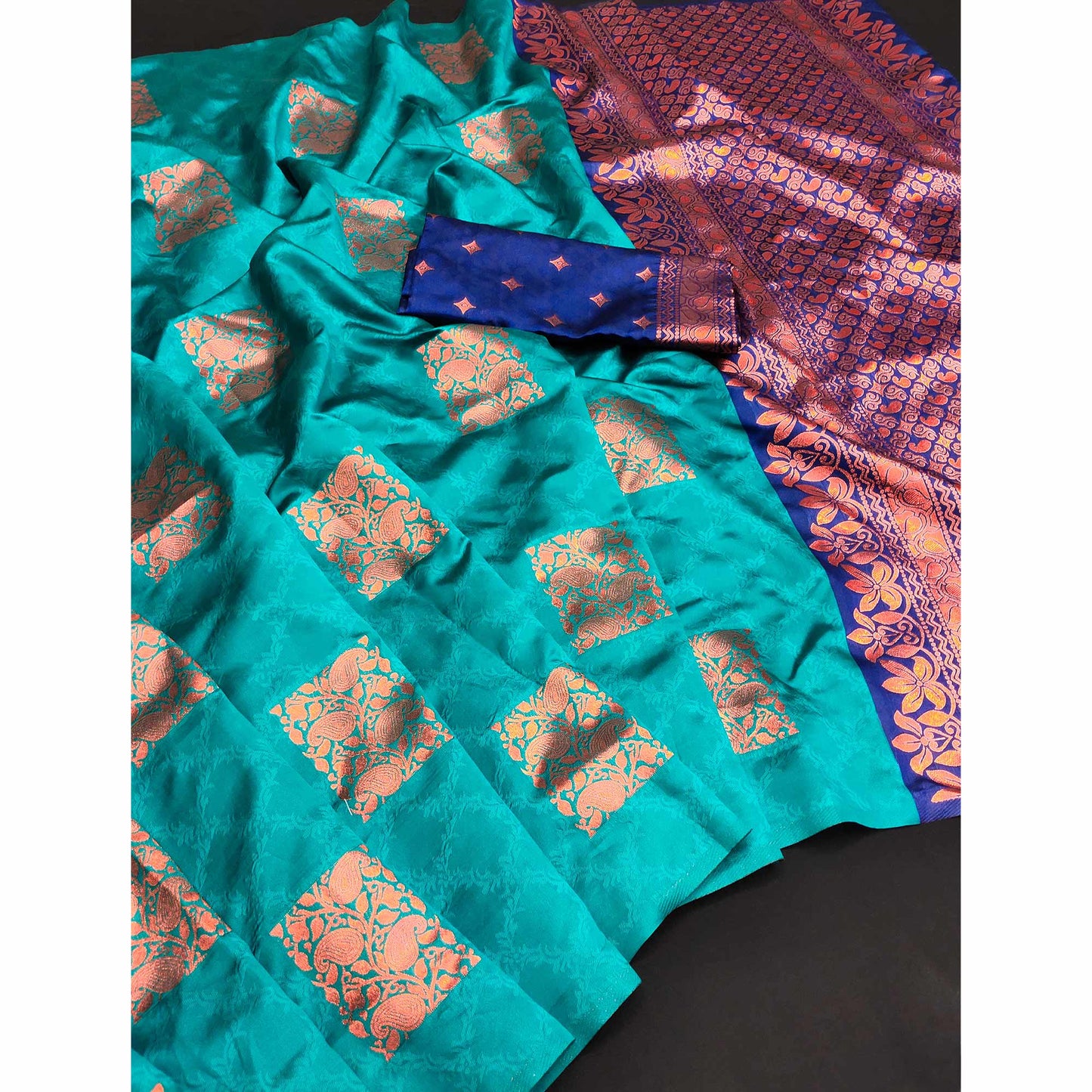 Turquoise Floral Woven Banarasi Silk Saree