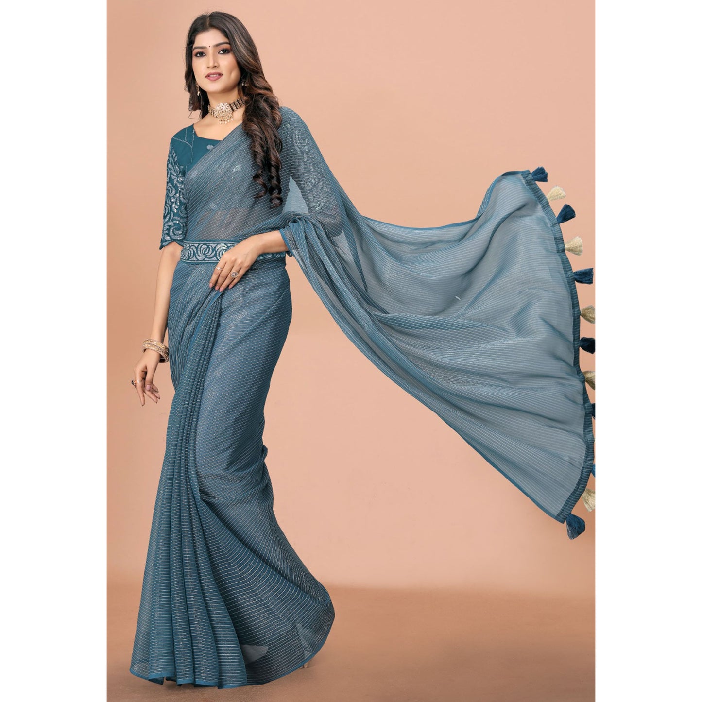 Blue Striped Woven Art Silk Saree With Tassels