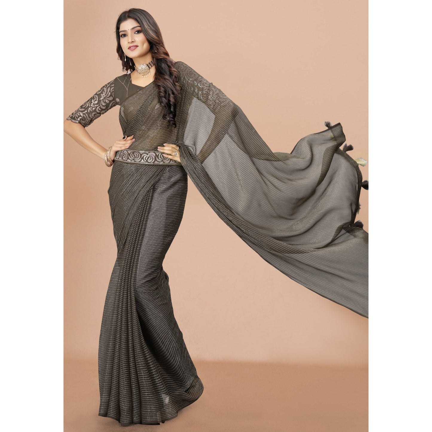 Dark Grey Striped Woven Art Silk Saree With Tassels