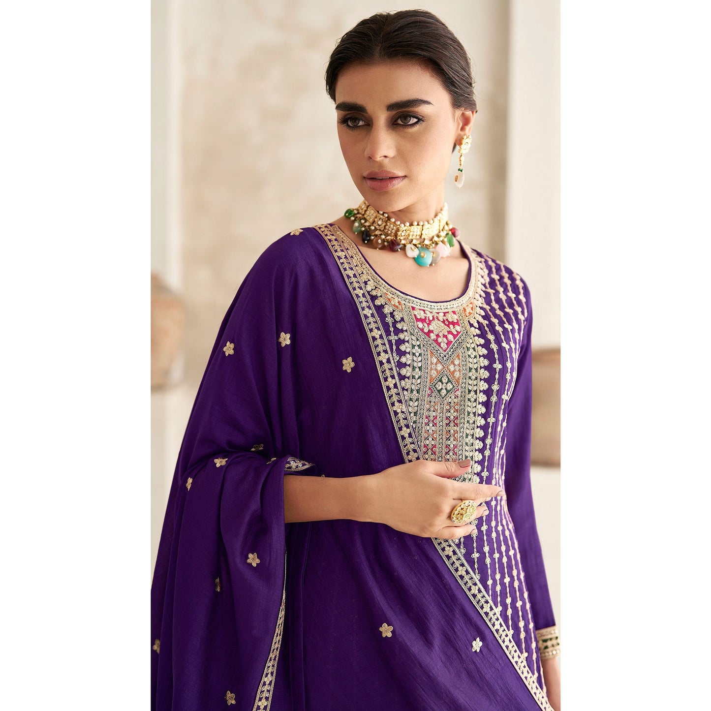 Purple Sequins Embroidered Georgette Semi Stitched Anarkali Suit