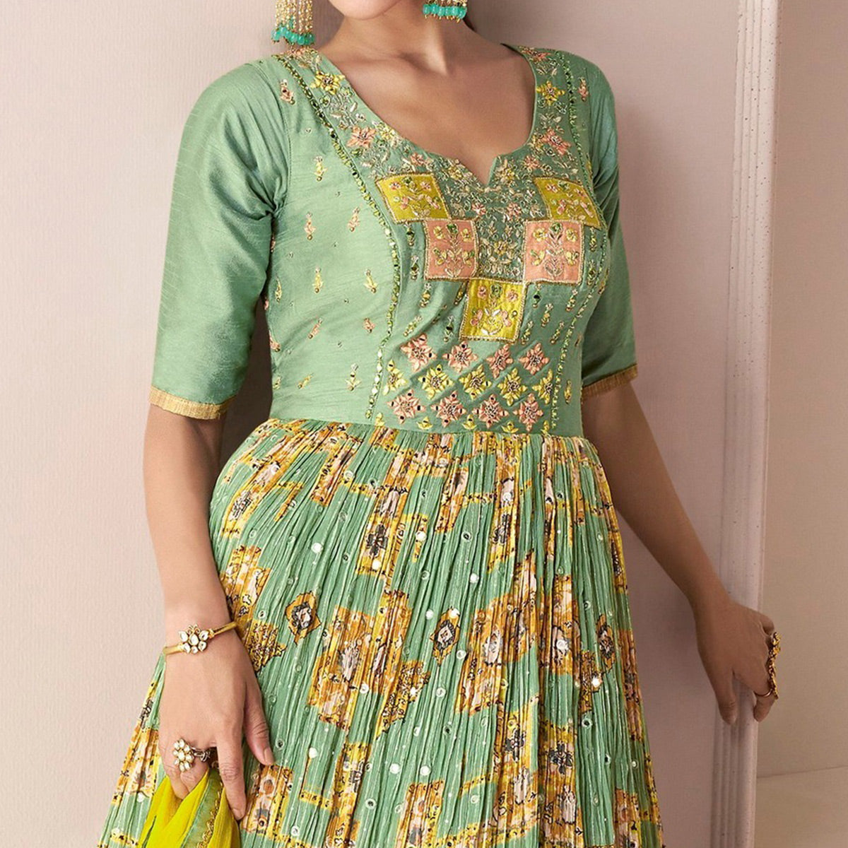 Green Embroidered With Printed Georgette Semi Stitched Anarkali Suit