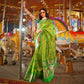 Green Ikkat Handwoven Art Silk Saree With Tassels