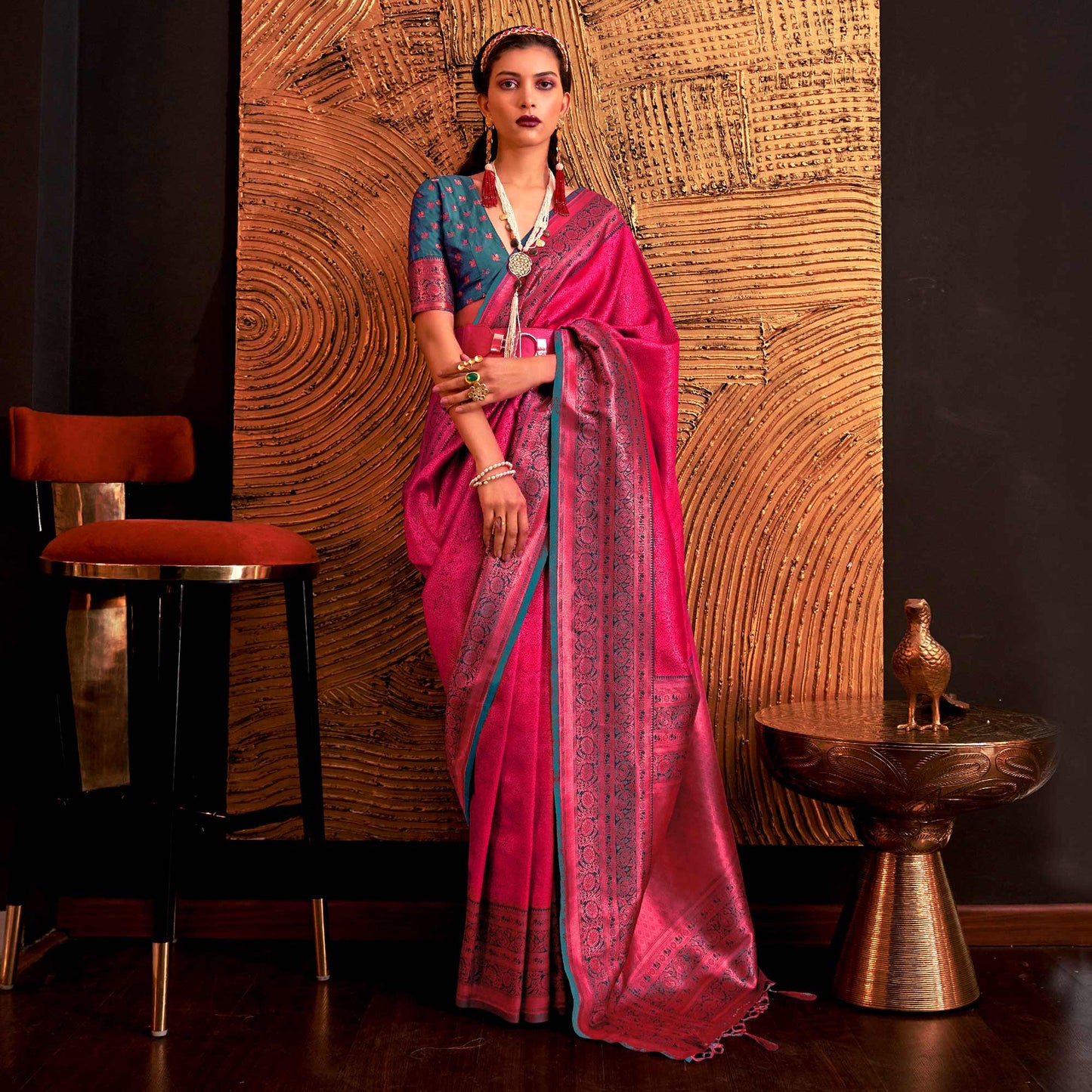 Rani Pink Floral Woven Art Silk Saree With Tassels