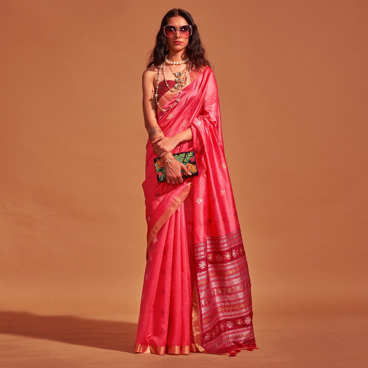 Gajri Pink Woven Art Silk Saree With Tassels