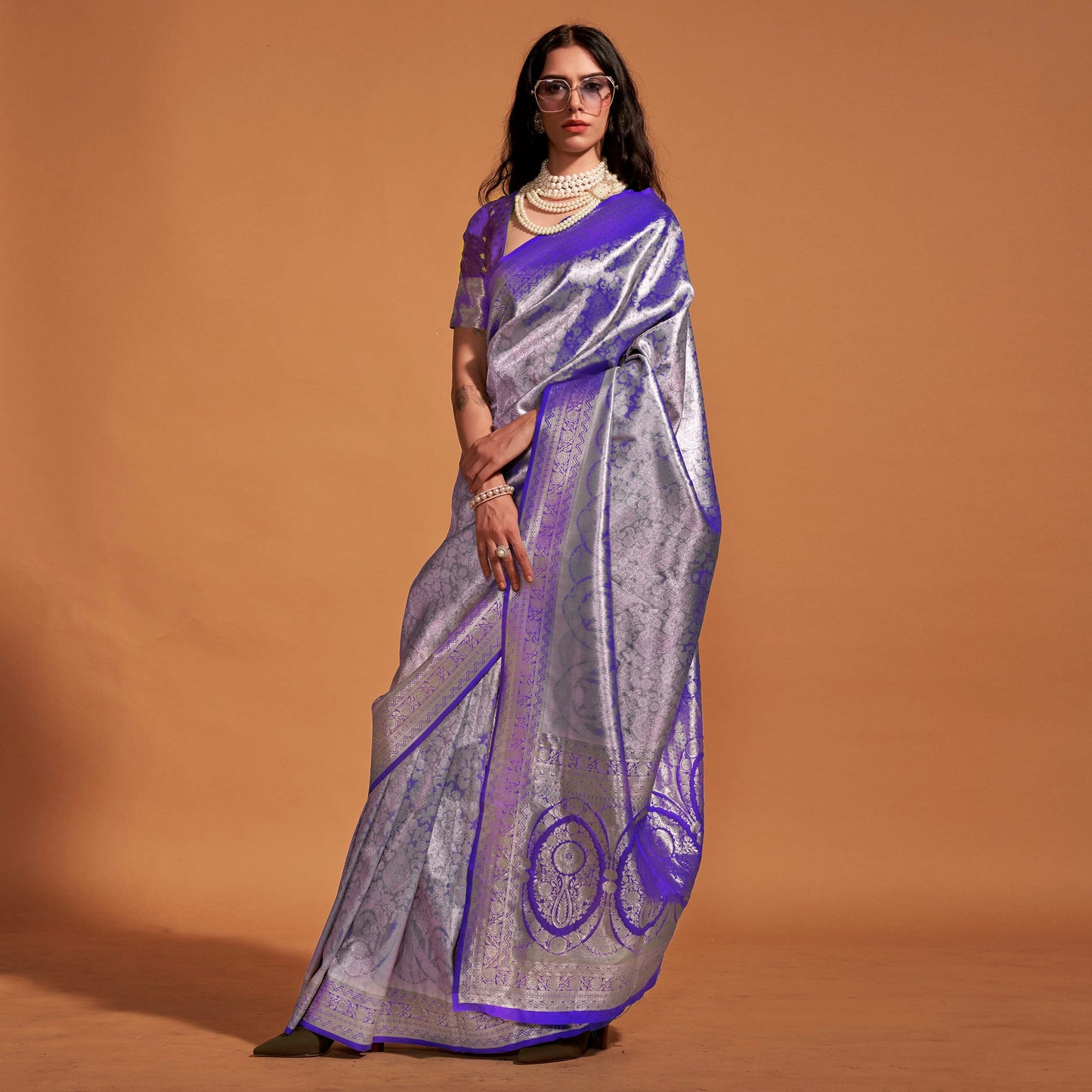 Purple Floral Woven Kanjivaram Silk Saree