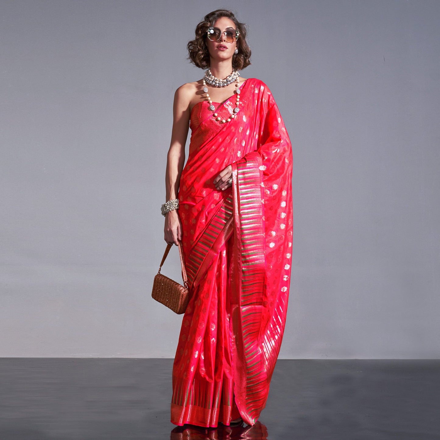 Crimson Red Butti Design Woven Art Silk Saree