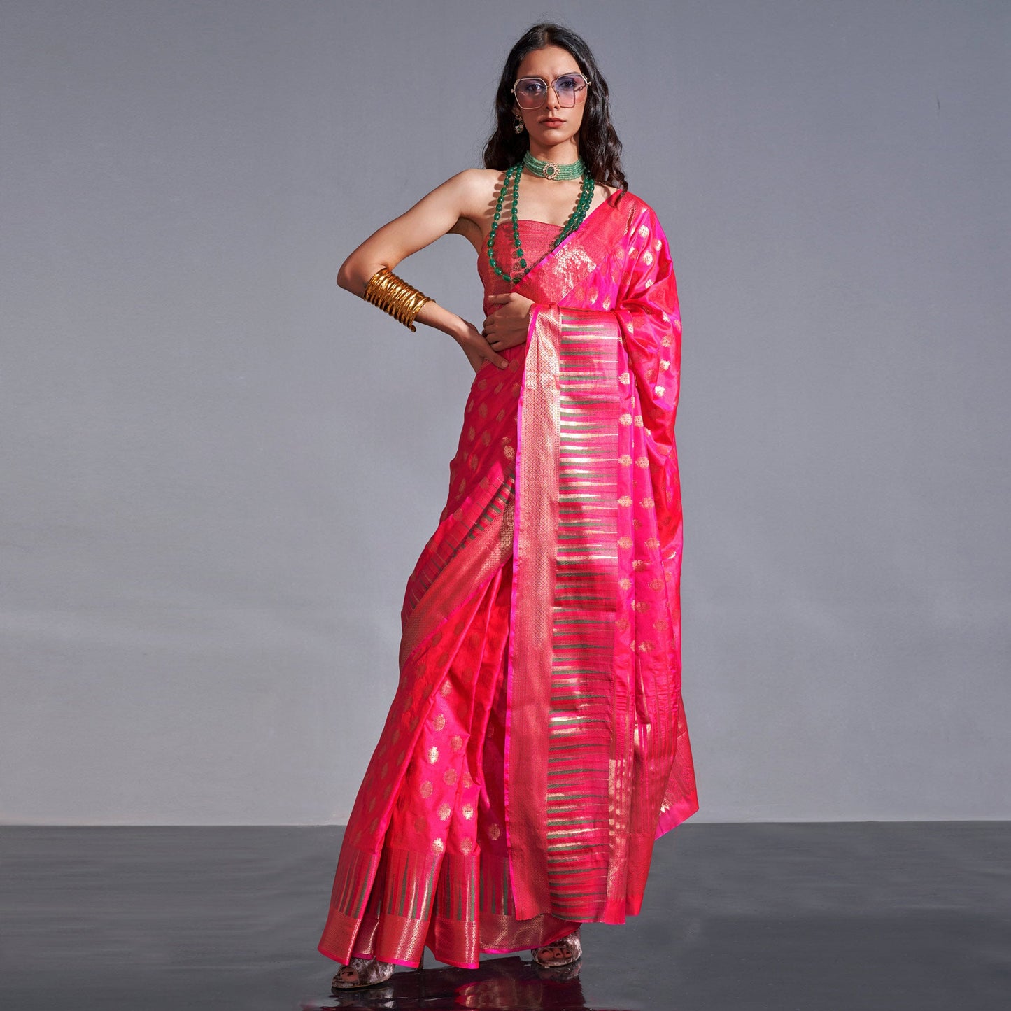 Pink Butti Design Woven Art Silk Saree