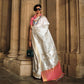 White Floral Woven Art Silk Saree With Tassels