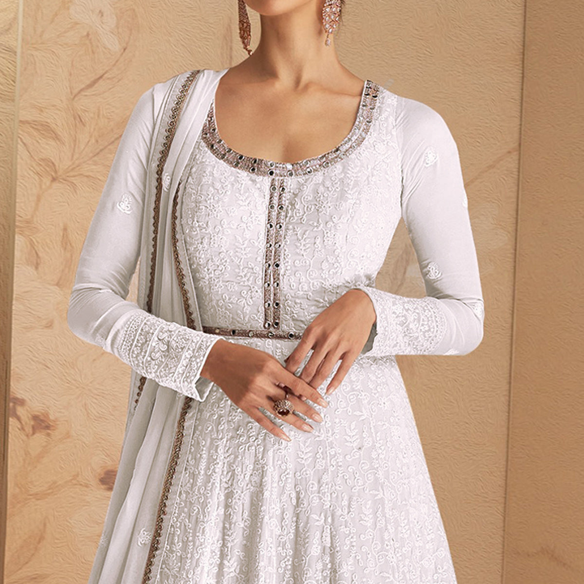 White Floral Embroidered Georgette Semi Stitched Anarkali Suit