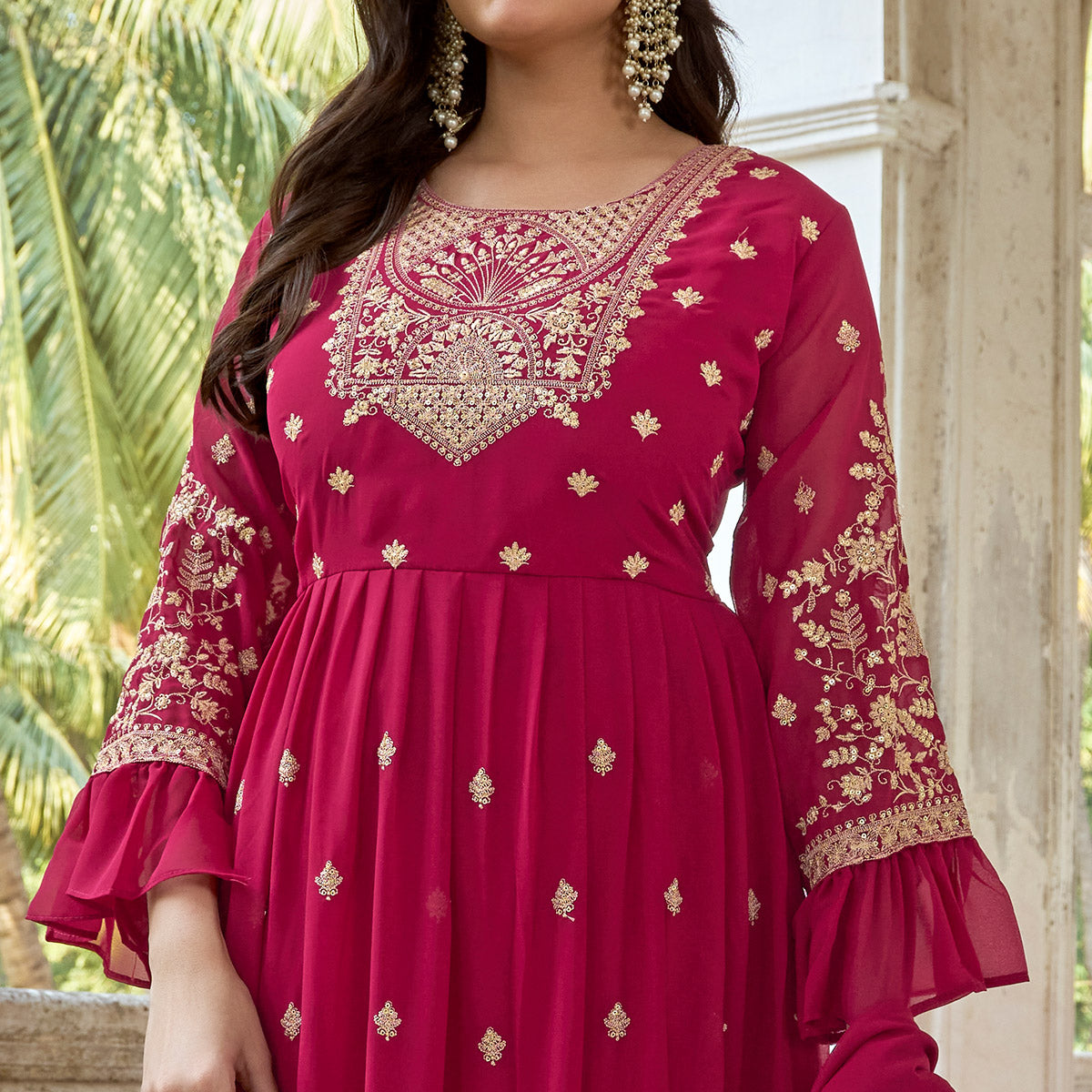 Pink Floral Sequins Embroidered Georgette Semi Stitched Anarkali Suit