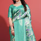 Turquoise Floral Digital Printed With Woven Border Banarasi Silk Saree