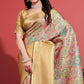 Gold Floral Digital Printed With Woven Border Banarasi Silk Saree