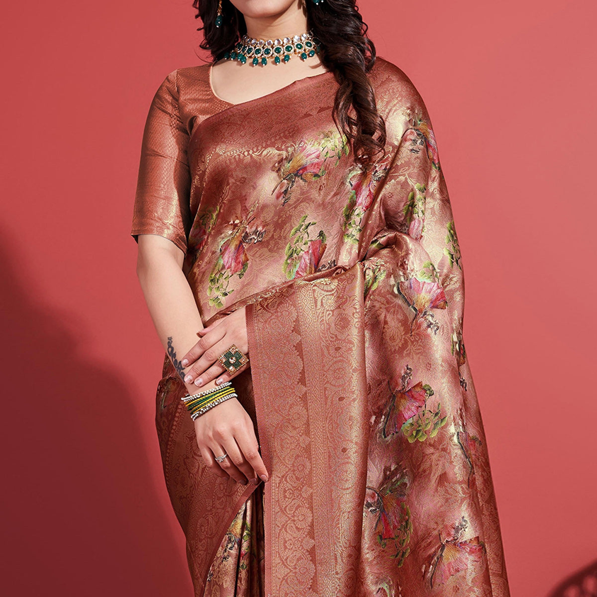 Brown Floral Digital Printed With Woven Border Banarasi Silk Saree