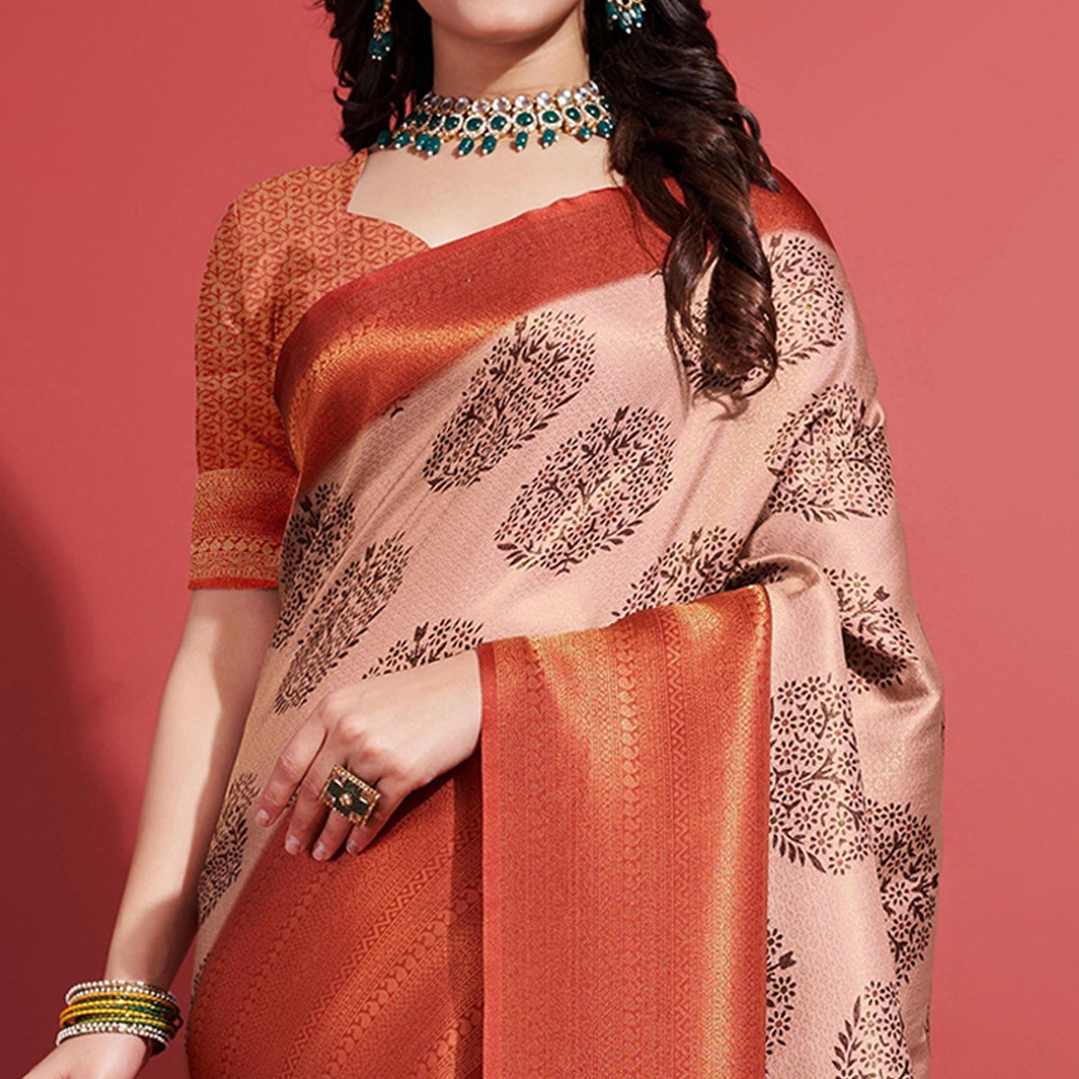 Rust & Beige Floral Digital Printed With Woven Banarasi Silk Saree