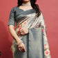 Grey Floral Digital Printed With Woven Banarasi Silk Saree