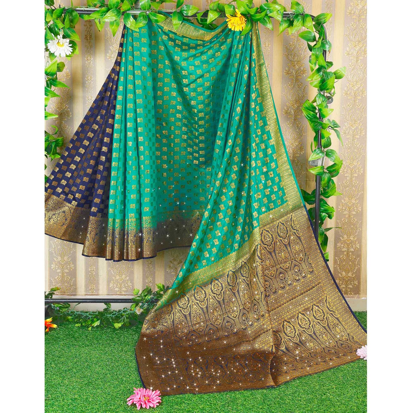 Green Woven With Stone Work Banarasi Silk Saree