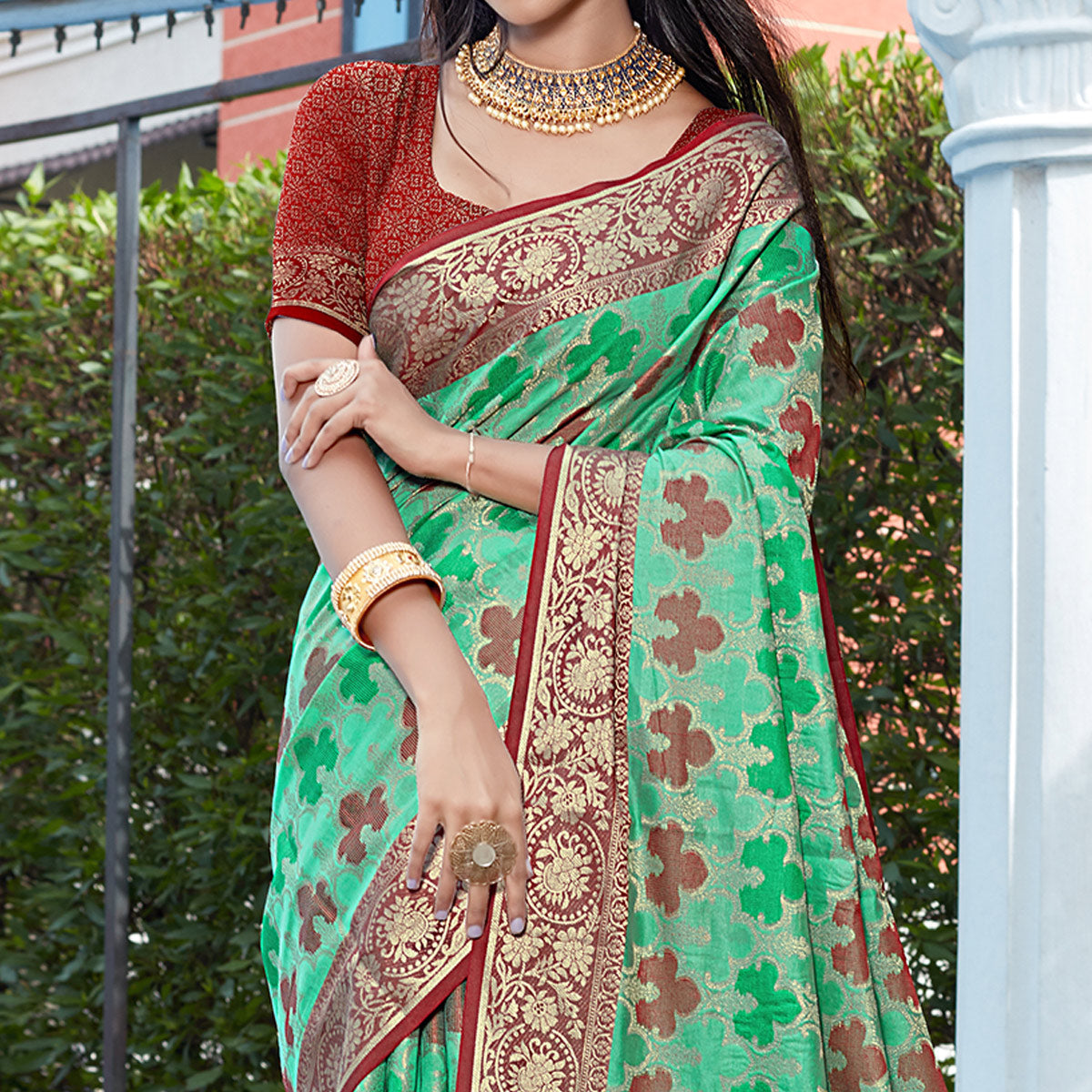 Rama Green Floral Woven Art Silk Saree