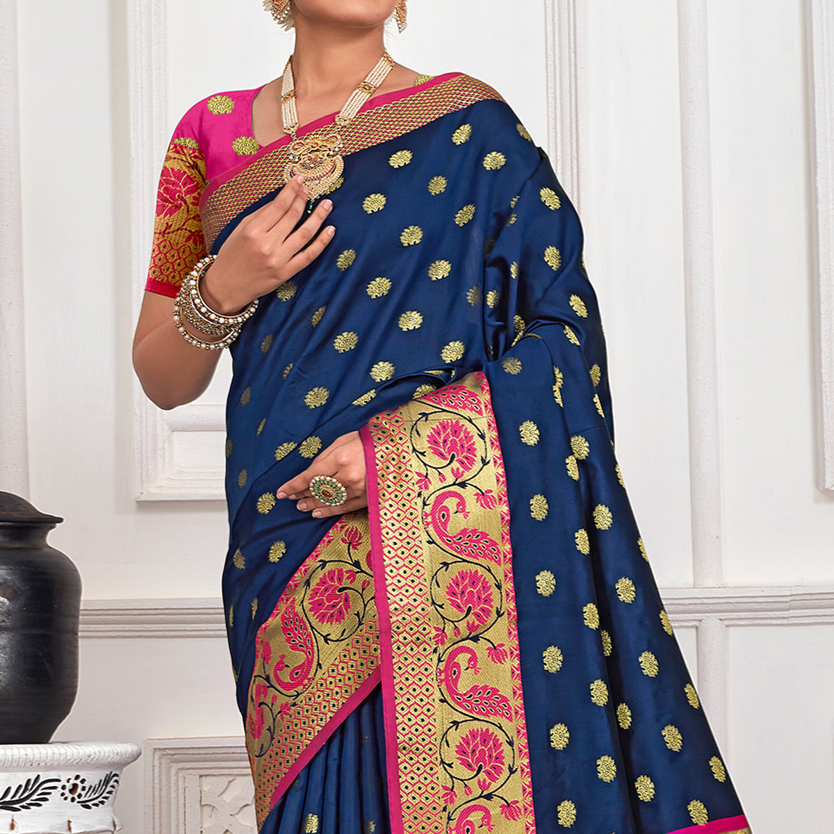 Blue Floral Woven Art Silk Saree