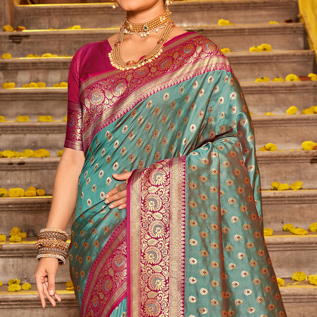 Teal Grey Woven Banarasi Silk Saree With Tassels