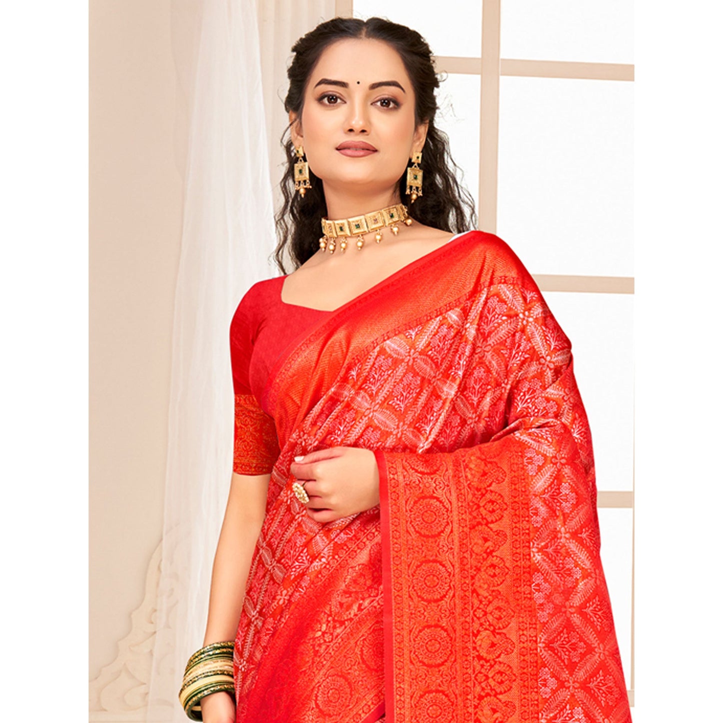 Red Floral Woven Kanjivaram Silk Saree With Tassels