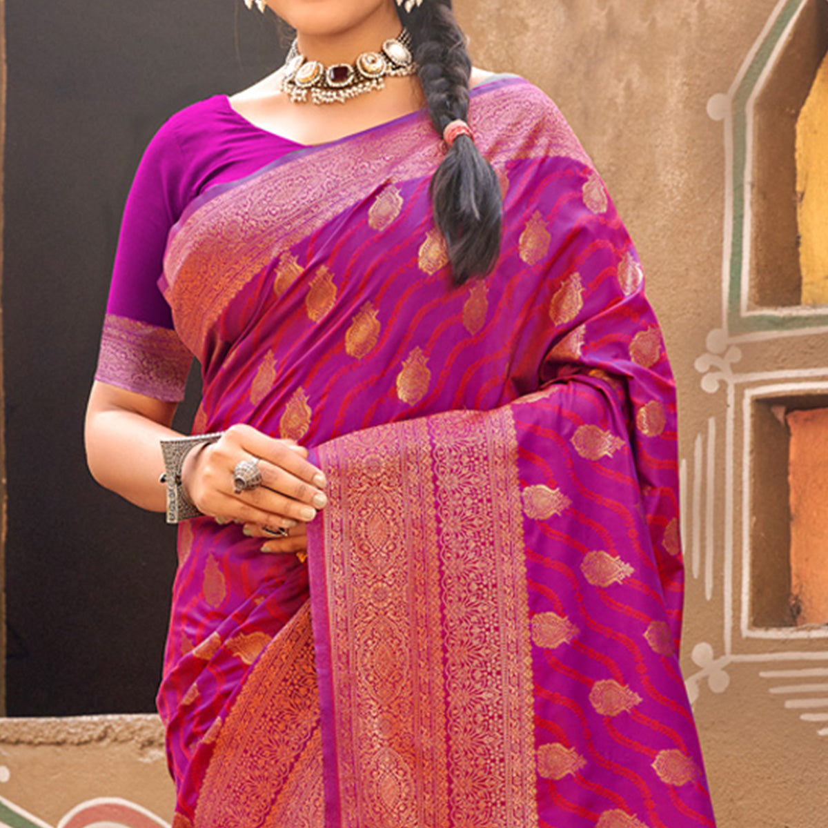 Purple Floral Woven Banarasi Silk Saree With Tassels