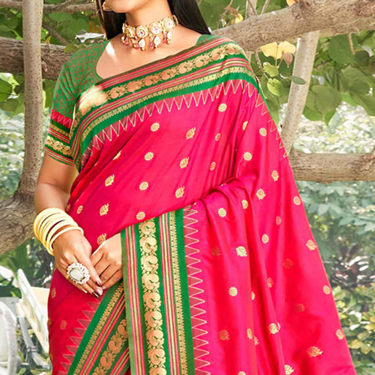 Pink Woven Paithani Banarasi Silk Saree With Tassels