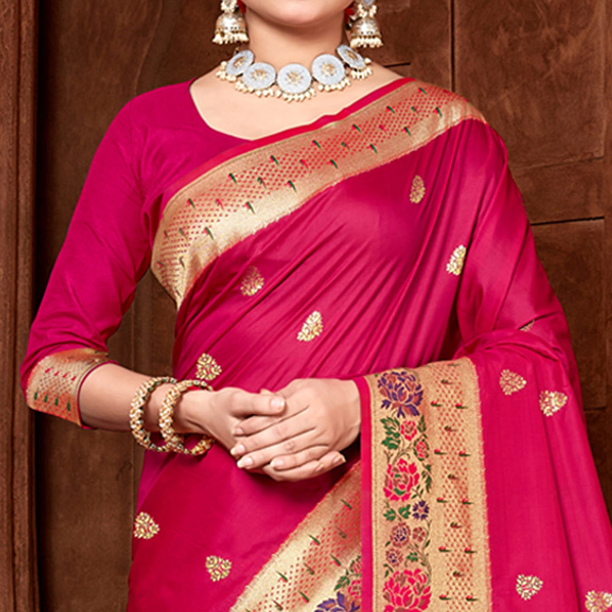 Pink Woven Paithani Banarasi Silk Saree With Tassels