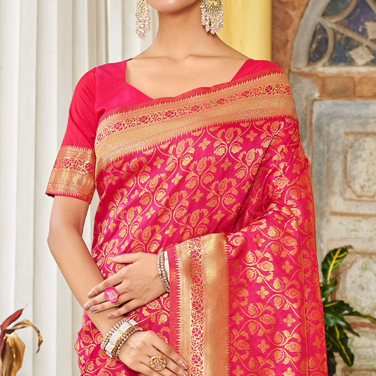 Magenta Floral Woven Banarasi Silk Saree With Tassels