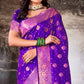 Violet Floral Woven Banarasi Silk Saree With Tassels