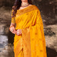 Mustard Floral Woven Banarasi Silk Saree With Tassels