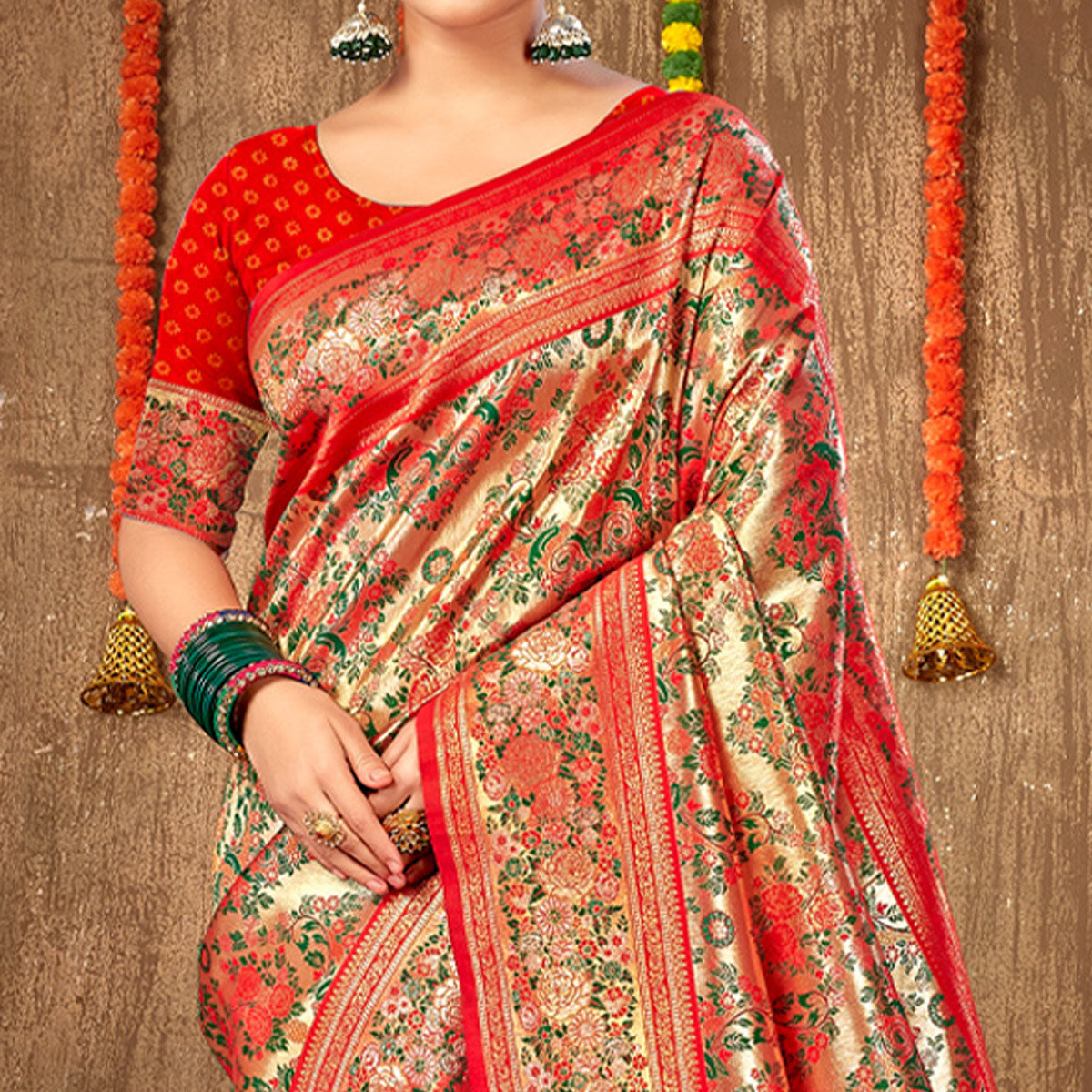 Red Floral Woven Banarasi Silk Saree