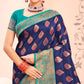 Navy Blue Floral Woven Kanjivaram Silk Saree With Tassels