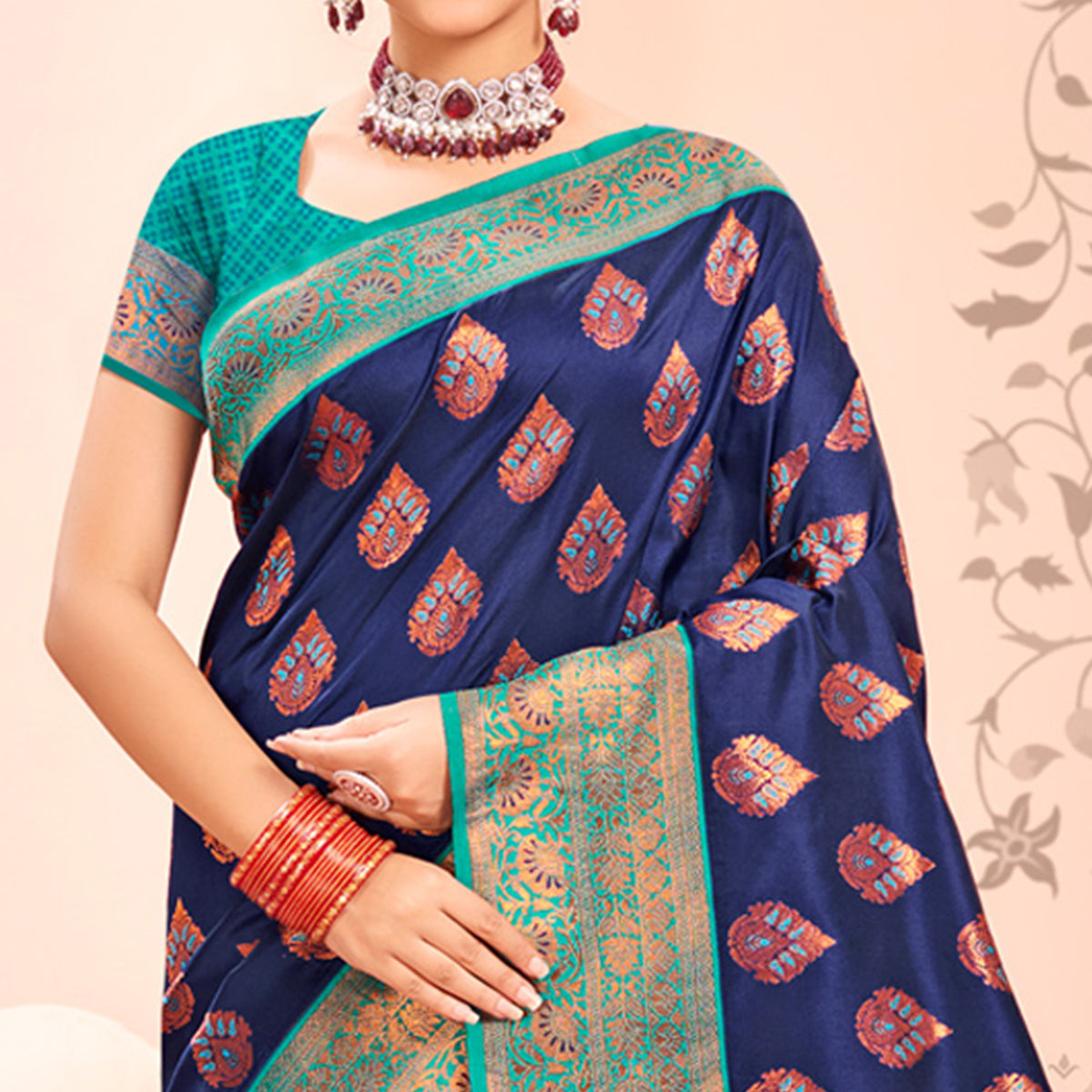 Navy Blue Floral Woven Kanjivaram Silk Saree With Tassels